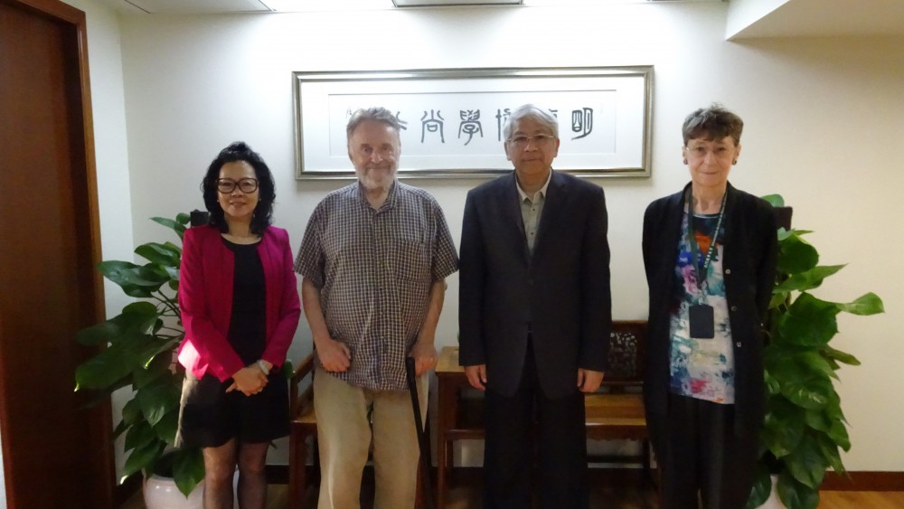 Group photo of Rector Shu Guang Zhang; Dr. Eva Khong, Executive Associate Dean of FOB; Professor Priscilla Roberts, International Business Cohort Programme Coordinator; and Professor John Horton Conway